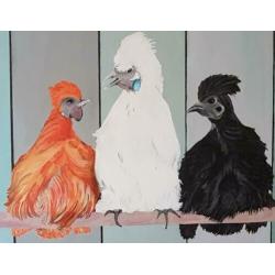 Kippen op stok schilderij, acrylaat op linnen 80x60cm