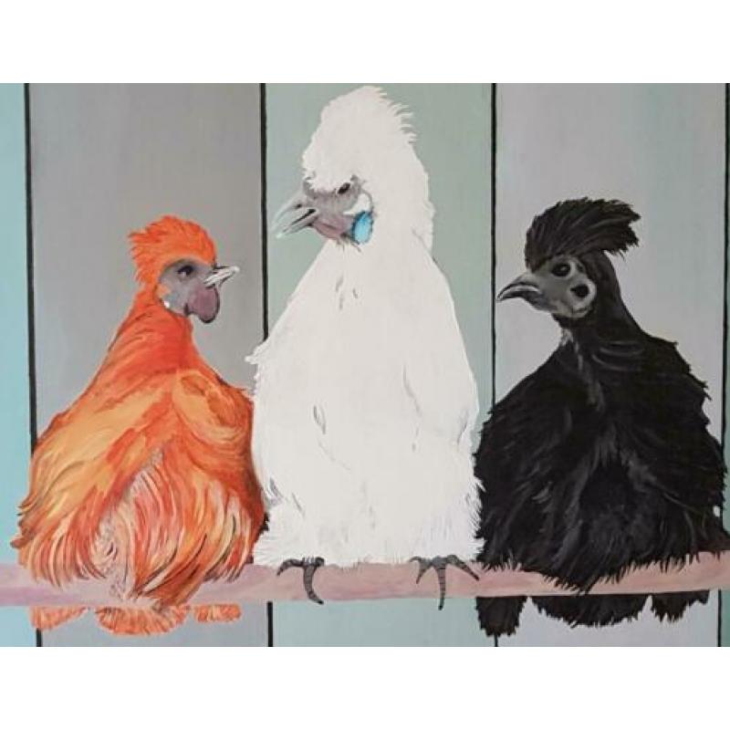 Kippen op stok schilderij, acrylaat op linnen 80x60cm