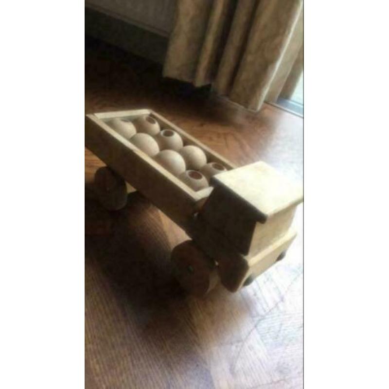 Vintage Jukka Finland houten kiepauto met bollen 1960
