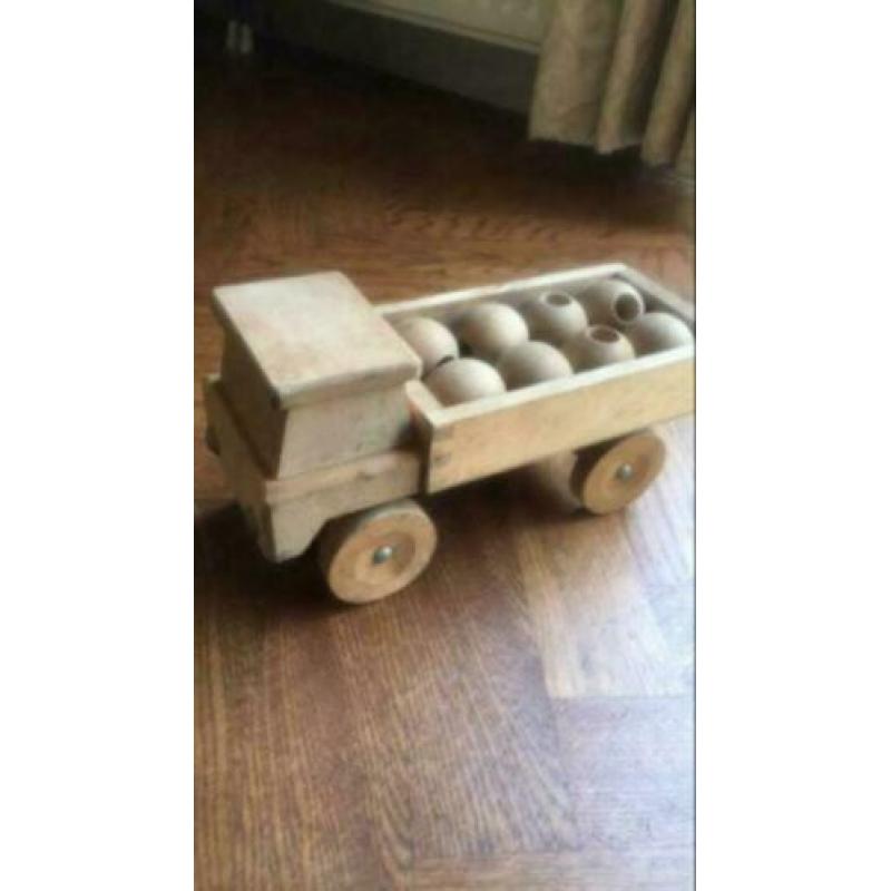 Vintage Jukka Finland houten kiepauto met bollen 1960