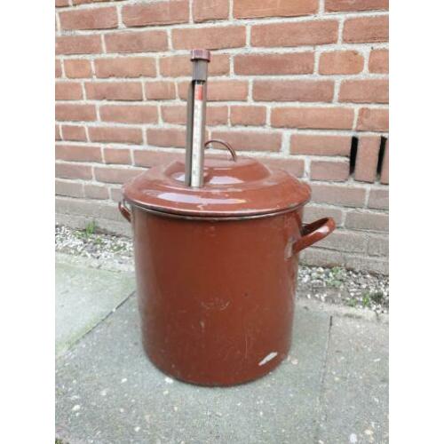 Antieke Bruin Emaille Weckketel met Thermometer, Plantenbak