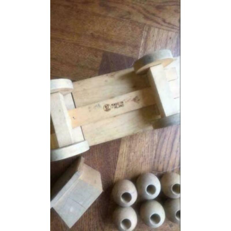 Vintage Jukka Finland houten kiepauto met bollen 1960
