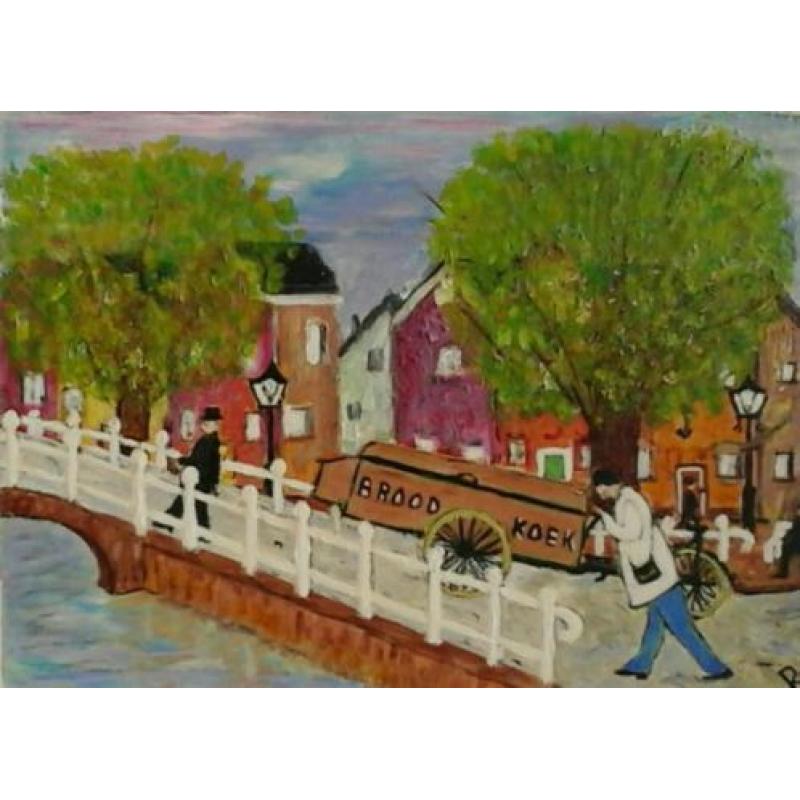 Gracht in stad amsterdam met de bakker en broodkar - naief