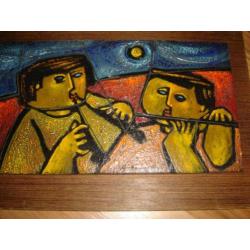 Tegelschilderij 1965 vintage fluitspelers sixties keramiek