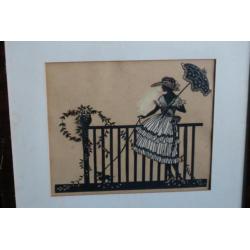 Knipseltekening in mahonie lijst 20x24 cm.'Vrouw met parasol
