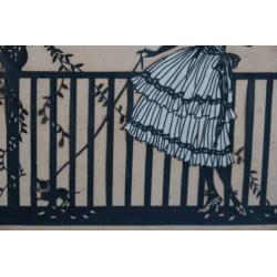 Knipseltekening in mahonie lijst 20x24 cm.'Vrouw met parasol