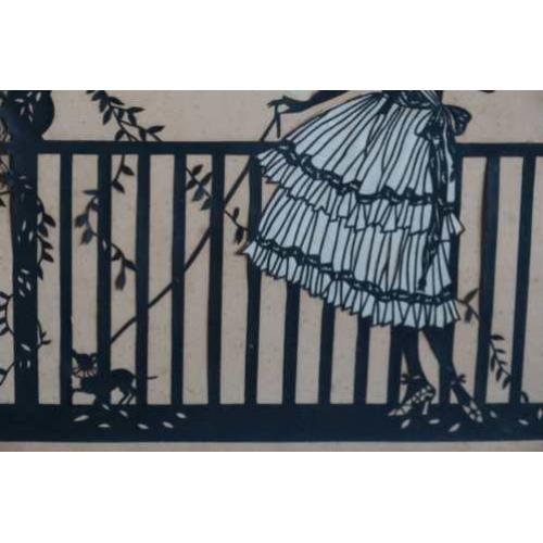 Knipseltekening in mahonie lijst 20x24 cm.'Vrouw met parasol