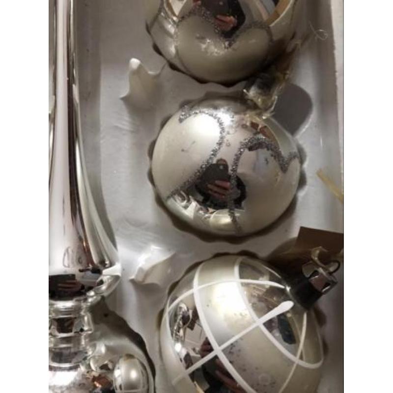 Set brocante kerstballen piek kerstversiering zilver hart