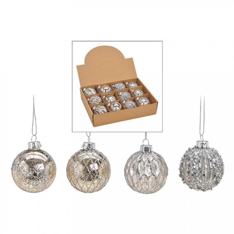 Kerstballen set - 12x stuks - glas - zilver - gedecoreerd - 6 cm - kerstversiering